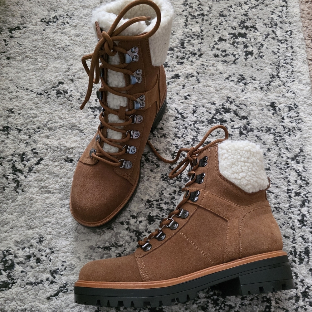 Mark Fisher Suede Leather Sherpa Lace Up Lug Boots Brown NWOB Granola Western 9